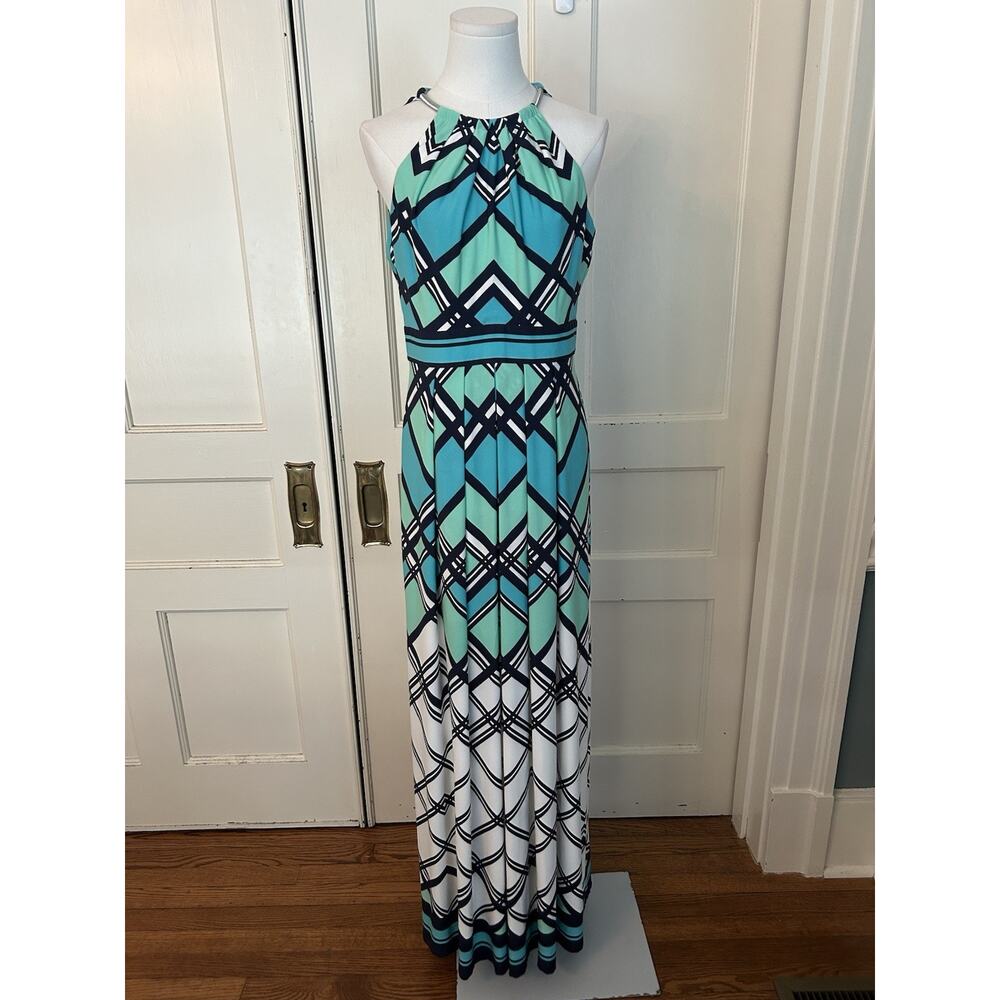 Eliza J Geometric Halter Stretch Maxi Dress Womens Size 8 Blue Green Wedding